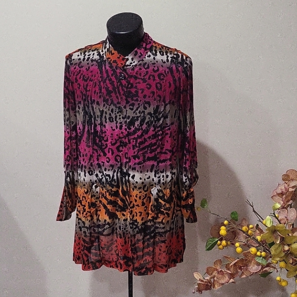 Multiples Top Ombre Animal Print Sheer Mesh Artsy Stretch, XL, Exellent conditio